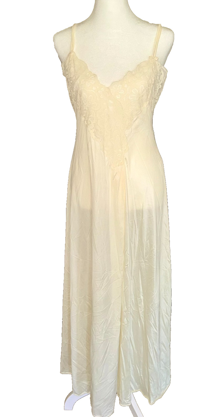 Vintage ROSA & CO Ivory Lace Nylon Slip Nightgown Maxi Dress USA Small Bridal